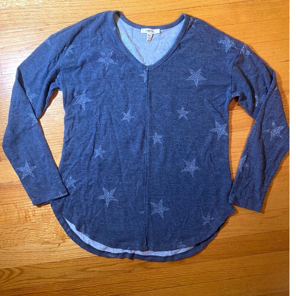 Sz S Como Blu Star Print Long Sleeve V-Neck Top Casual Comfy Pullover Size S